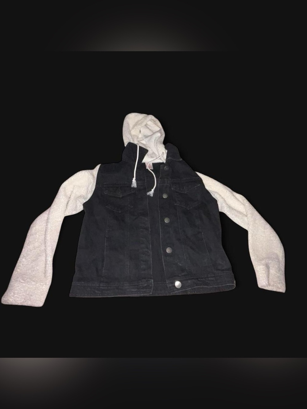 No Boundaries Black Denim Jacket with Cream Knit Hood & Sleeves